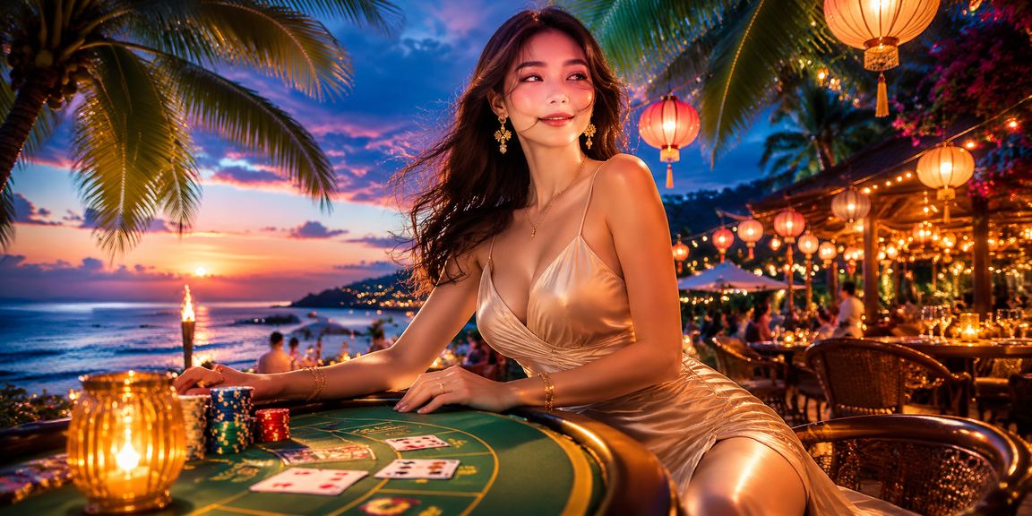Người dùng tại bãi biển Đà Nẵng chơi slots trực tuyến trên điện thoại vào buổi chiều tà
