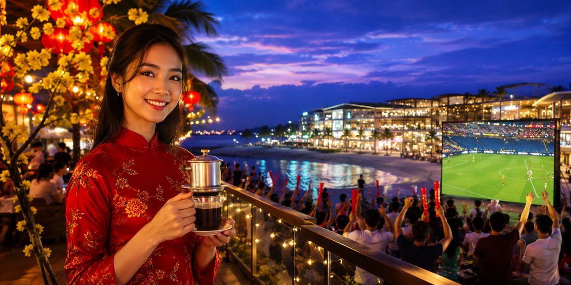 Người dùng tại Phú Quốc truy cập khu High Roller trên điện thoại bên bờ biển buổi tối